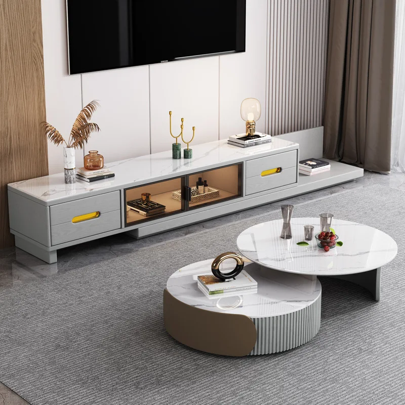 Modern Light Luxury Rock Slab Coffee Table TV Cabinet Combination Living Room Retractable Simple TV Stand Storage Floor Cabinet