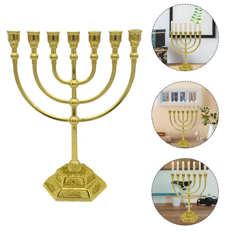 7 Branch Menorah Candle Holder Jerusalem Temple 12 Tribes of Israel Menorah 6.69-inch Height Antique Hanukkah Candle Stand for J