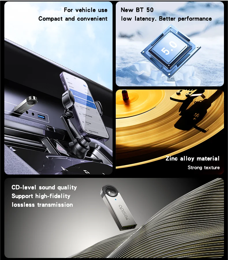 YAU81 Yesido Zinc Alloy Low Latency 8-meter Stable Transmission Built-in Microphone Car USB BT Receiver