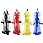 Sexy Women 2021 Sexy Long Hot Women Femme Fur Sheer Robe Yellow Blue Mesh Trim Sexy Lingerie