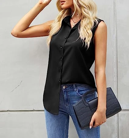 High Quality Sleeveless Button Down Casual Work Blouses Solid Loose V Neck womens Tank Tops S-2XL