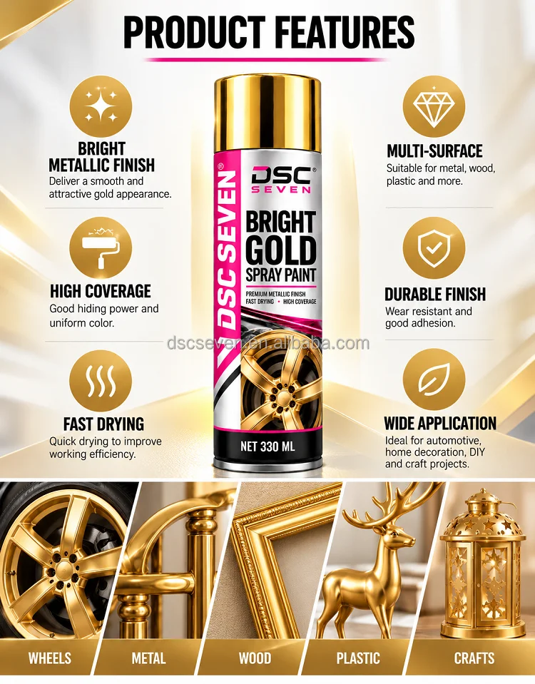 Bright Gold Metallic Aerosol Spray Paint Quick Dry High Coverage Gloss Finish 330ml Can for Metal Wood Plastic Refinish H25909fee45b14f27a17dc2c026a65373o