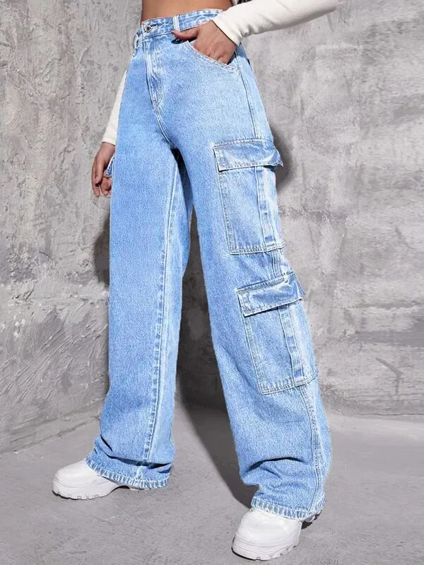 Wholesale High Quality High Waist Pocket Cargo Pants Jeans Women Pocket Boyfriend Jeans manufacture