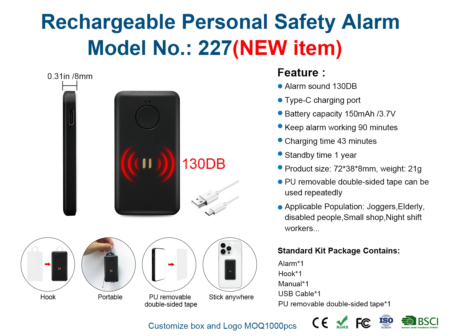 130dB Personal Safety Alarm Emergency Keychain with USB Rechargeable & Hook Sticker for Women Elderly Kids Joggers Night Workers details