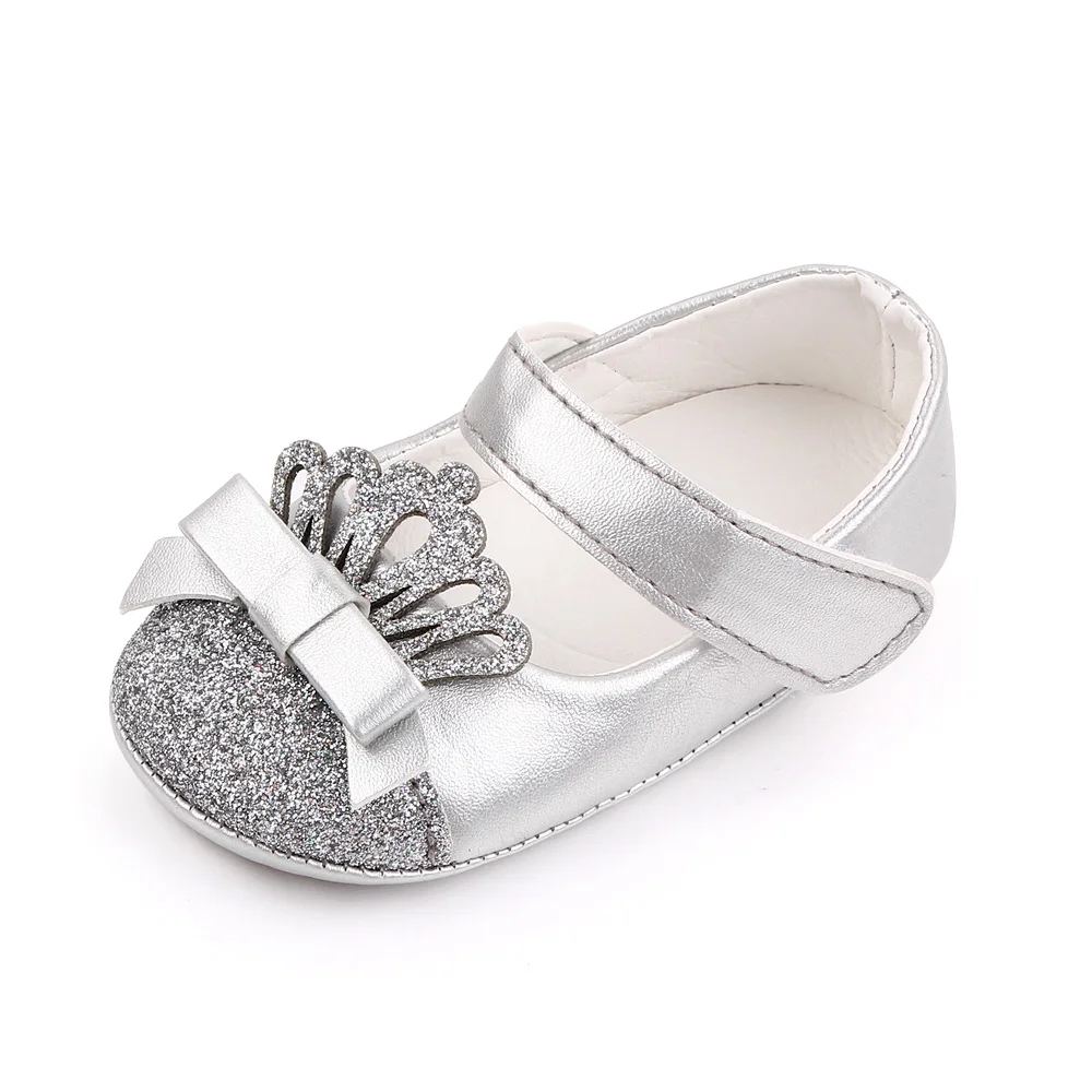 Shiny Solid Color Glitter Crown Bow Decorated Infants Princess Shoes for Baby Girls supplier