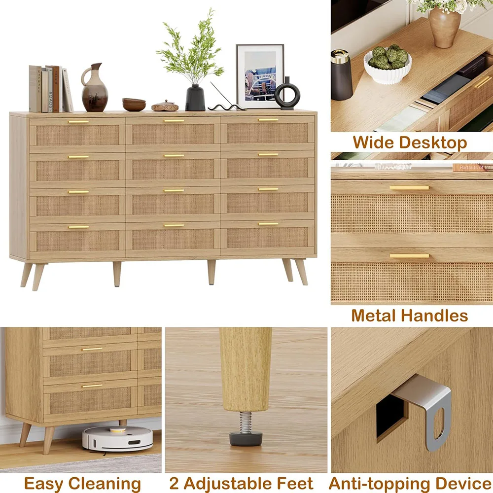 product 12 drawer double dresser modern oak chest dressers with golden handles for bedroom and living room natural-5