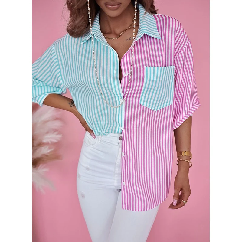 Dear-Lover Odm Custom Logo Private Label Contrast Striped Print Knit Button Up Shirts For Women