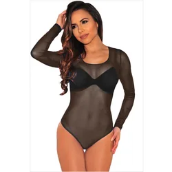 Sexy pajamas high and round neck long-sleeved  lingerie tight mesh see-through one-piece fall women clothing bodysuit