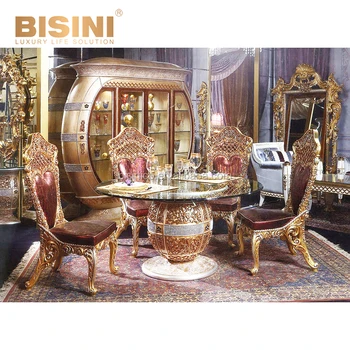 Highly Refined Artistic Classical Louis Inspired Golden Plated Round Pedestal Dining Table with Royal Chairs