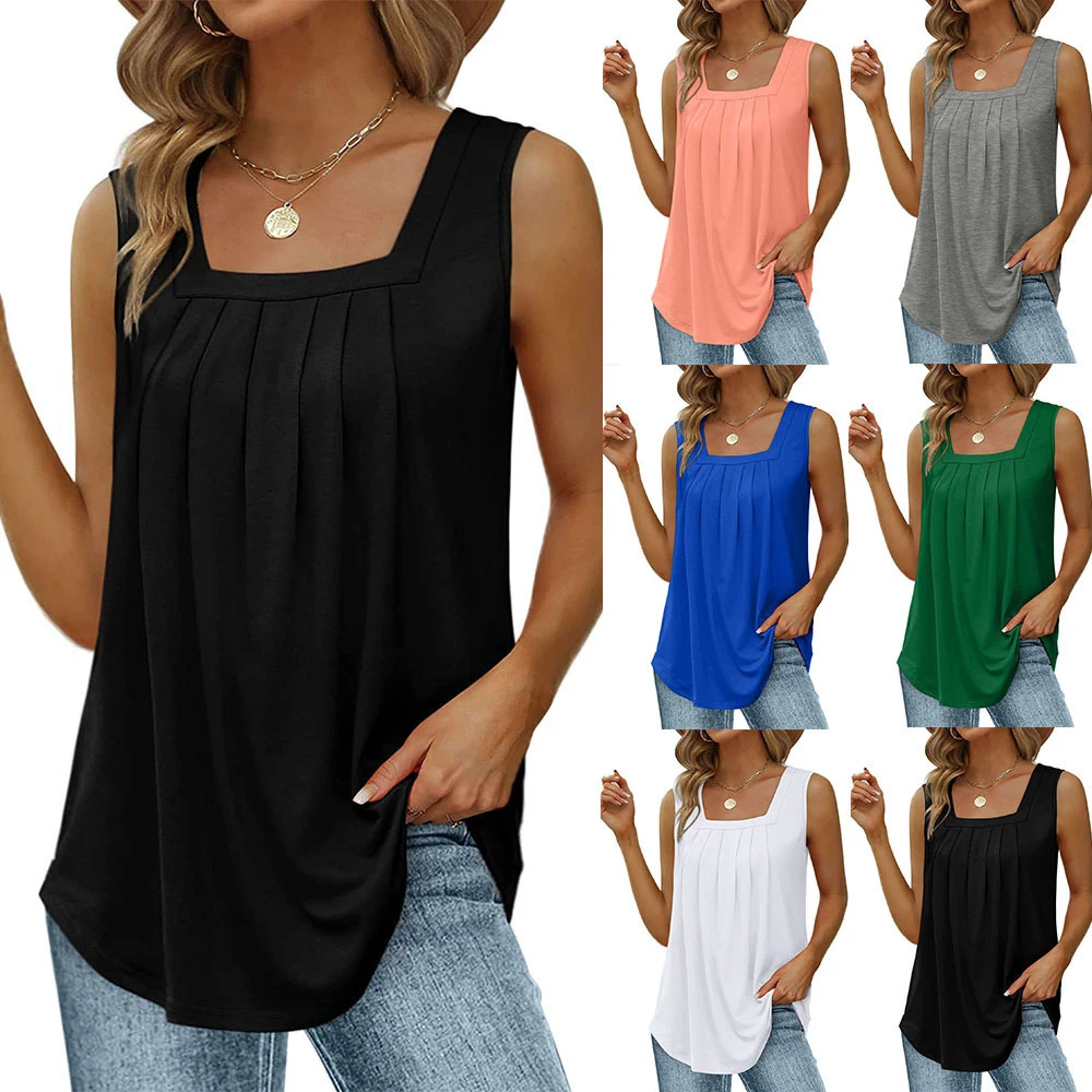 2023  hot selling pleated square neck sleeveless dovetail vest T-shirt for women