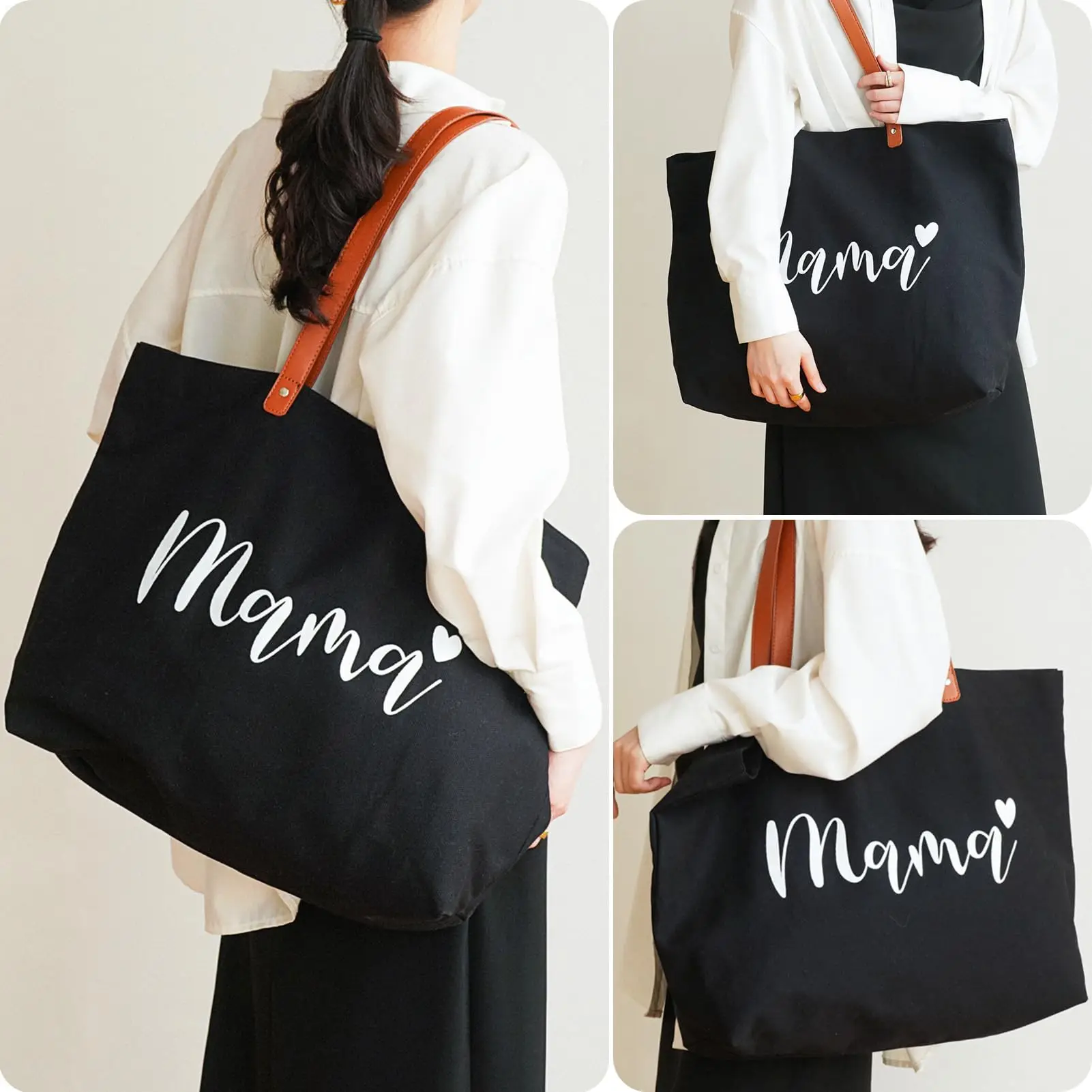 Customizable Leather Handle Tote Bag Reusable Hospital Shopping Beach Travel Cotton Canvas Mama Bag with Custom Logo Pattern manufacture