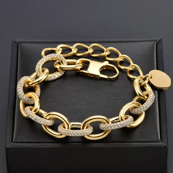 Custom Jewelry Simple Bracelet 18K Gold Plated High Polished Full Zircon Oval Chain Link Stainless Steel Women Charm Bracelet