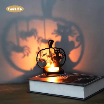 Yachen Funny Halloween Shadow Candle Holders Black Iron Pumpkin Cat Tea Light Decorative Candle Holder for Halloween Decor