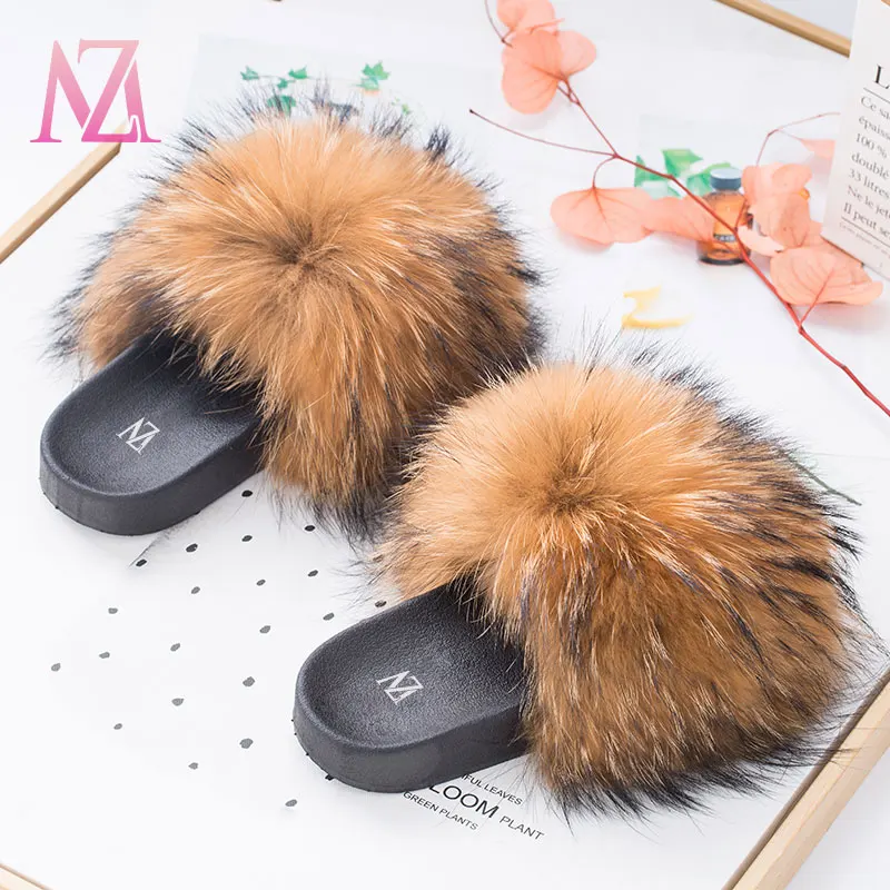 Luxury Lady Real Raccoon Fur Slides Slippers Women's Shoes Flat Indoor Sandal 