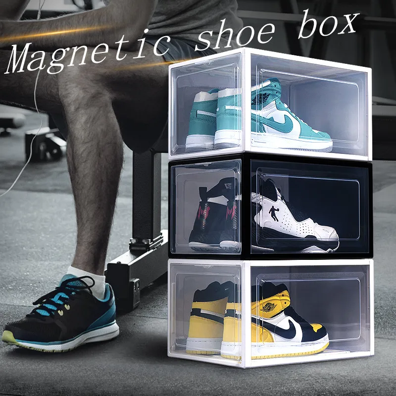 Plastic Transparent Magnetic Shoe Storage Box Display Case Decorative Stackable Clear Sneakers Box