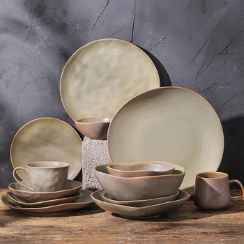 Retro wabi-sabi style ceramic tableware Japanese household bowl and plate combination set