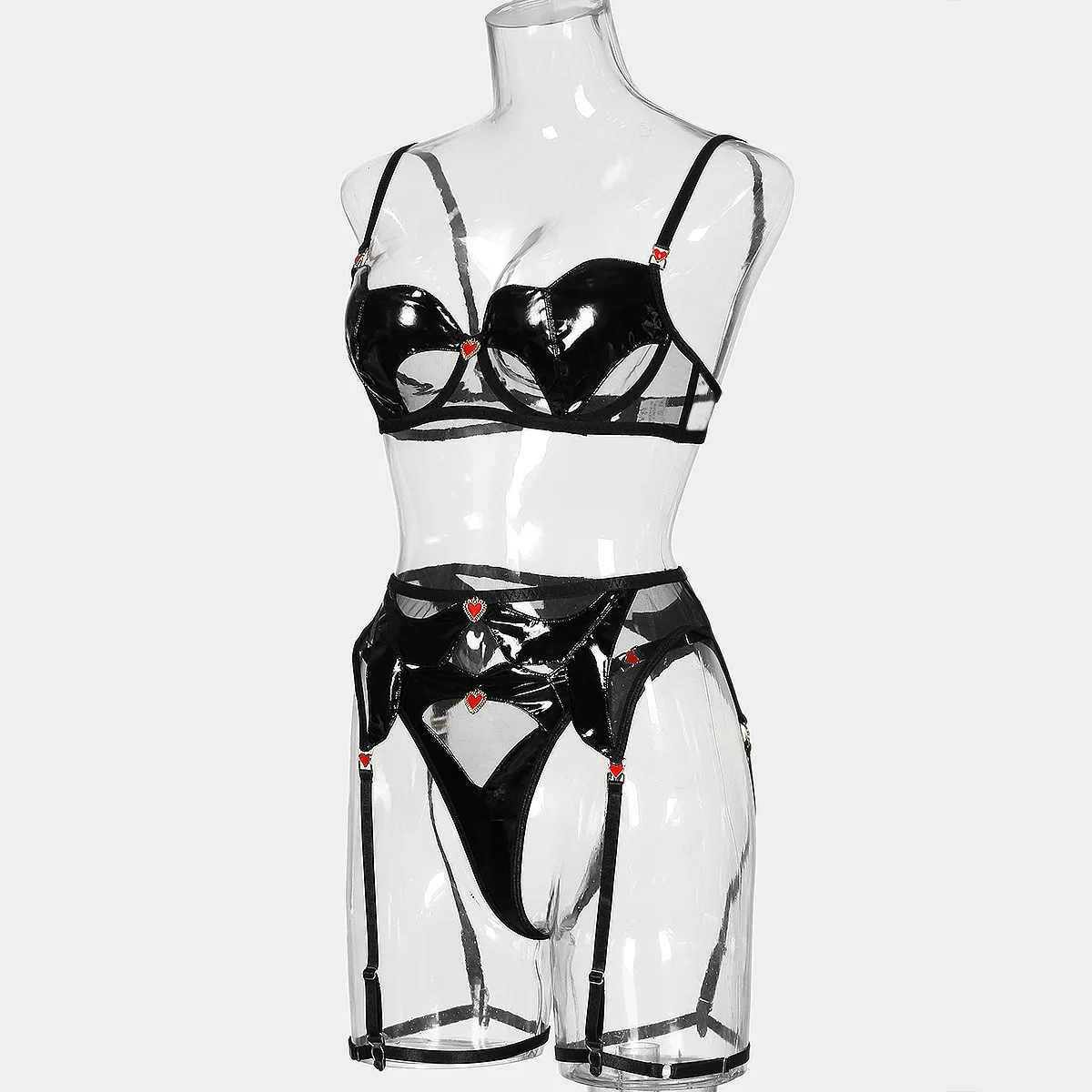 Women New Fashion Trend Black Sheer Lingerie Set Sexy Black Pu Leather