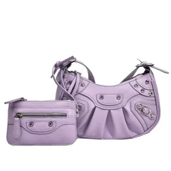 New Arrivals Rivet Underarm Bag Luxury Leather Sling Bag 2 PCS\/SET Women Purse And Handbags Pleated Crossbody Shoulder Bags