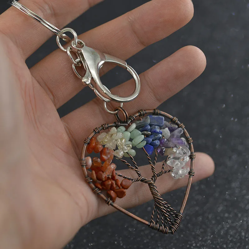 Tree Of Life 7 Chakra Crystal Keychain Chip Stone Fortune Tree Keyring