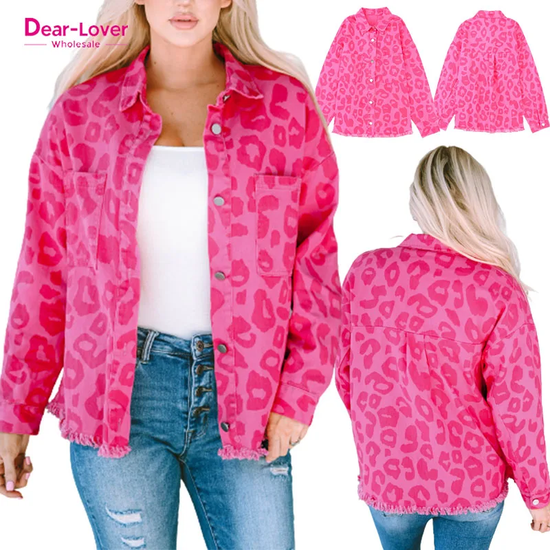 Dear-Lover 2023 Wholesale Custom Leopard Western Clothing Cotton Cuffs Raw Jean Denim Jacket For Women