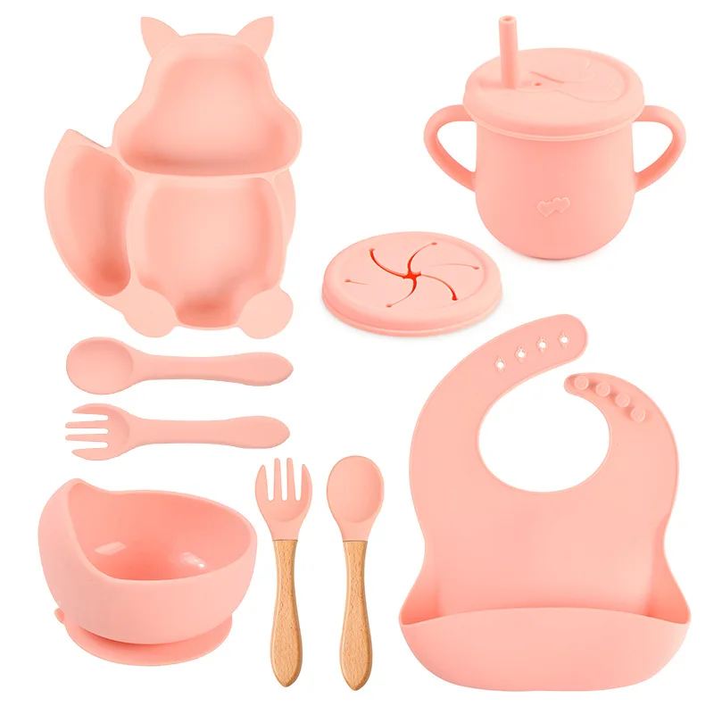 Customized Squirrel Silicone Tableware Baby Silicone Complementary Food Set Baby Fork & Spoon All-in-One Silicone Feeding Set