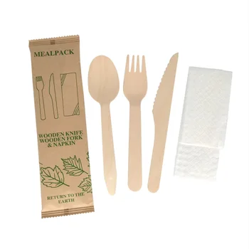 Newell Biodegradable Restaurant Wood Knife Fork Spoon Box Mix Wood Napkin Handle Set Disposable Wooden Cutlery For Production