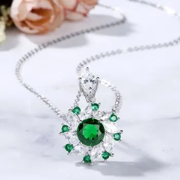 Custom Luxury Cubic Zirconia Chain Necklace Women Jewelry Pendant Gemstone Emerald 925 Sterling Silver Necklace