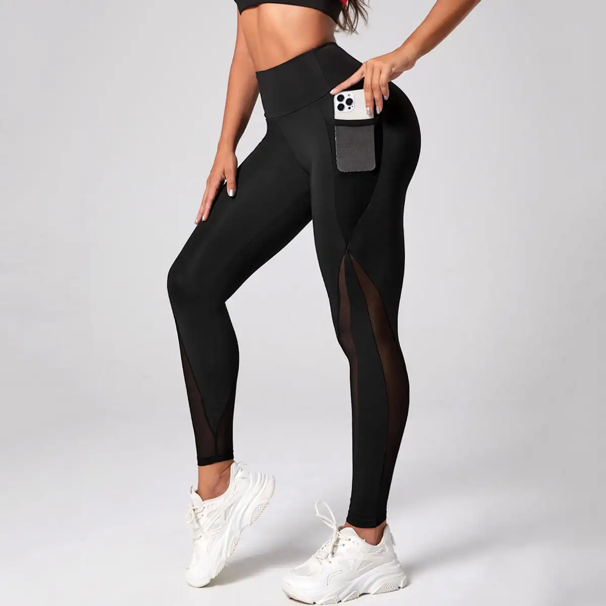Hot selling Sexy mesh unique style Tummy Control high waist Women Black Slim Fitness push up Leggings with side pocket