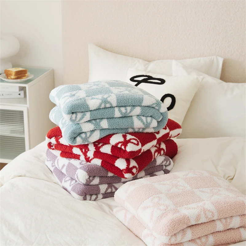 product zs bow warm soft checker decorative 100 polyester knitted throw baby blanket home office-57