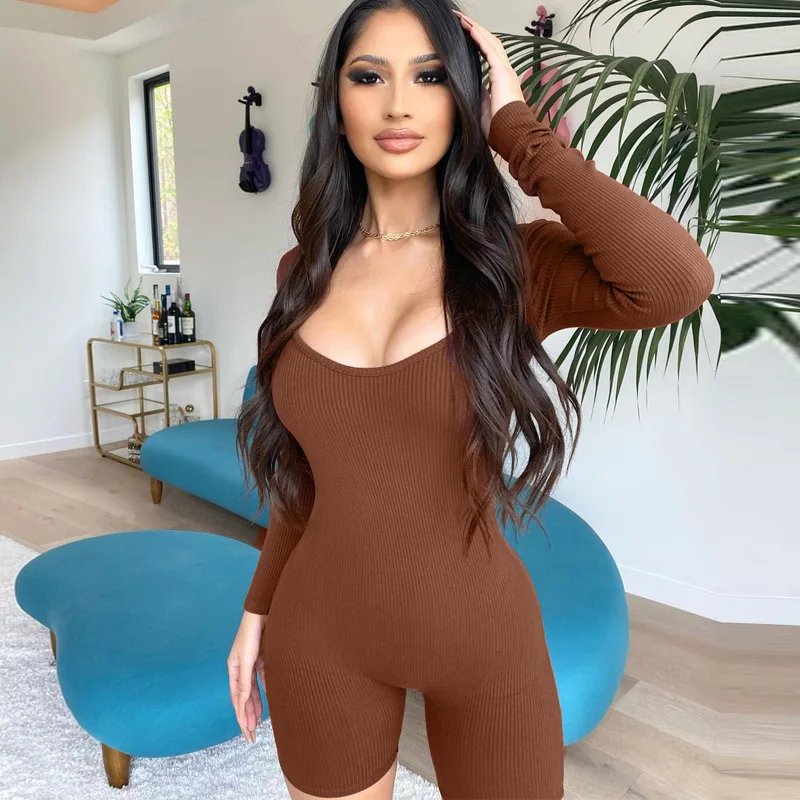 Solid color rib U-neck long sleeve slim-fit hip lift sports woman bodysuit ladies casual jumpsuits for women sexy