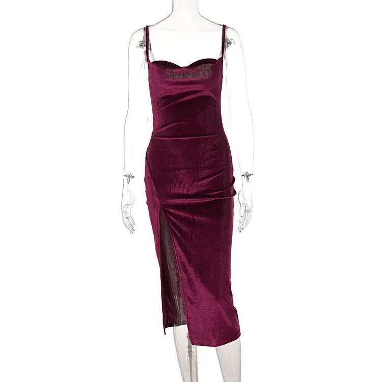 High Quality Suspender Low Collar Sleeveless Solid Colors Velvet Vent Long Dress For Women