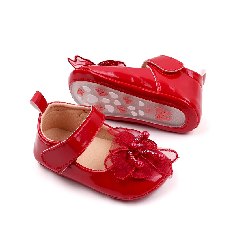 Solid Color PU Leather Veil Quality Flowers Pearl Stamen Elegant Princess Toddler Shoes for Baby Girls supplier