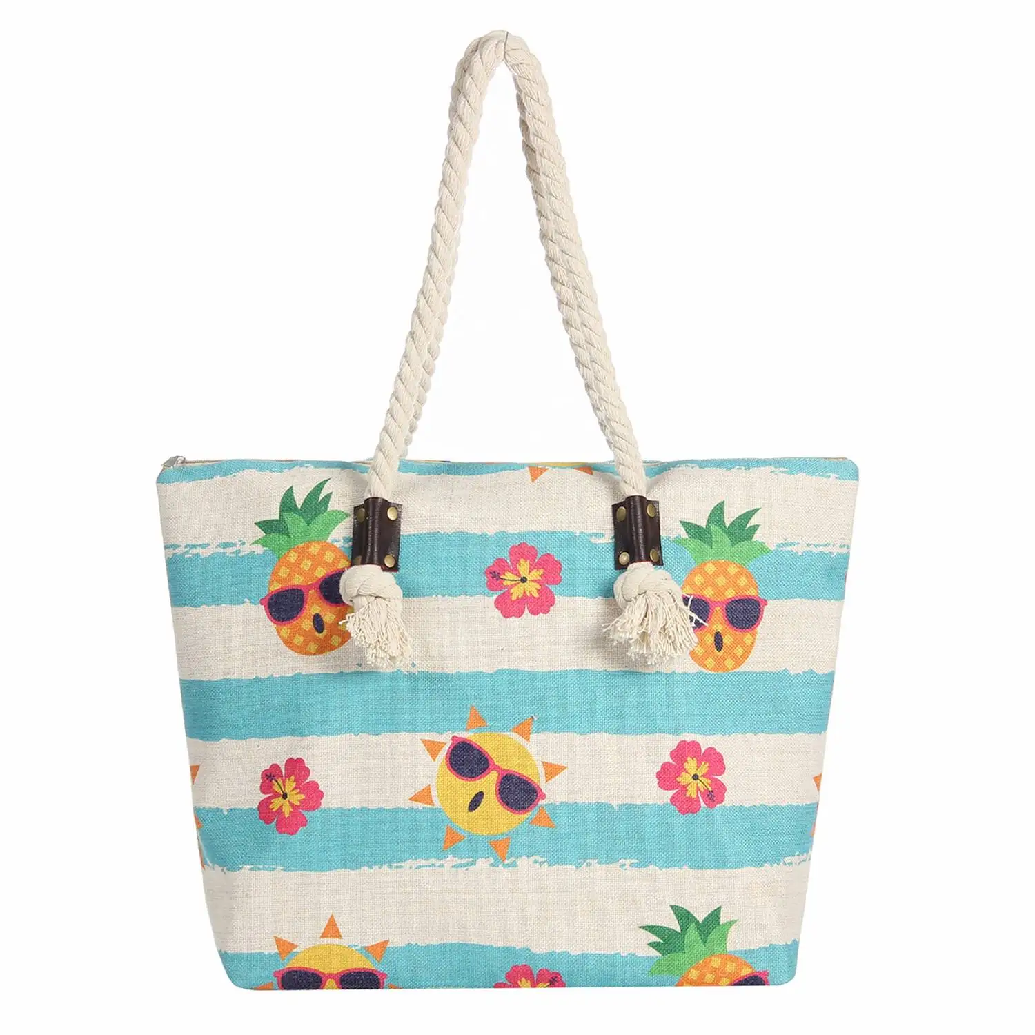 Large Canvas Striped Beach Bag With Zipper Top Closure Waterproof Lining Tote Shoulder Bag For Gym Beach Travel