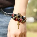 Beaded Multi-layer Sunflower Cross Charms Bangles Beaded Adjustable Woven Punk Women Mens Leather Bracelet