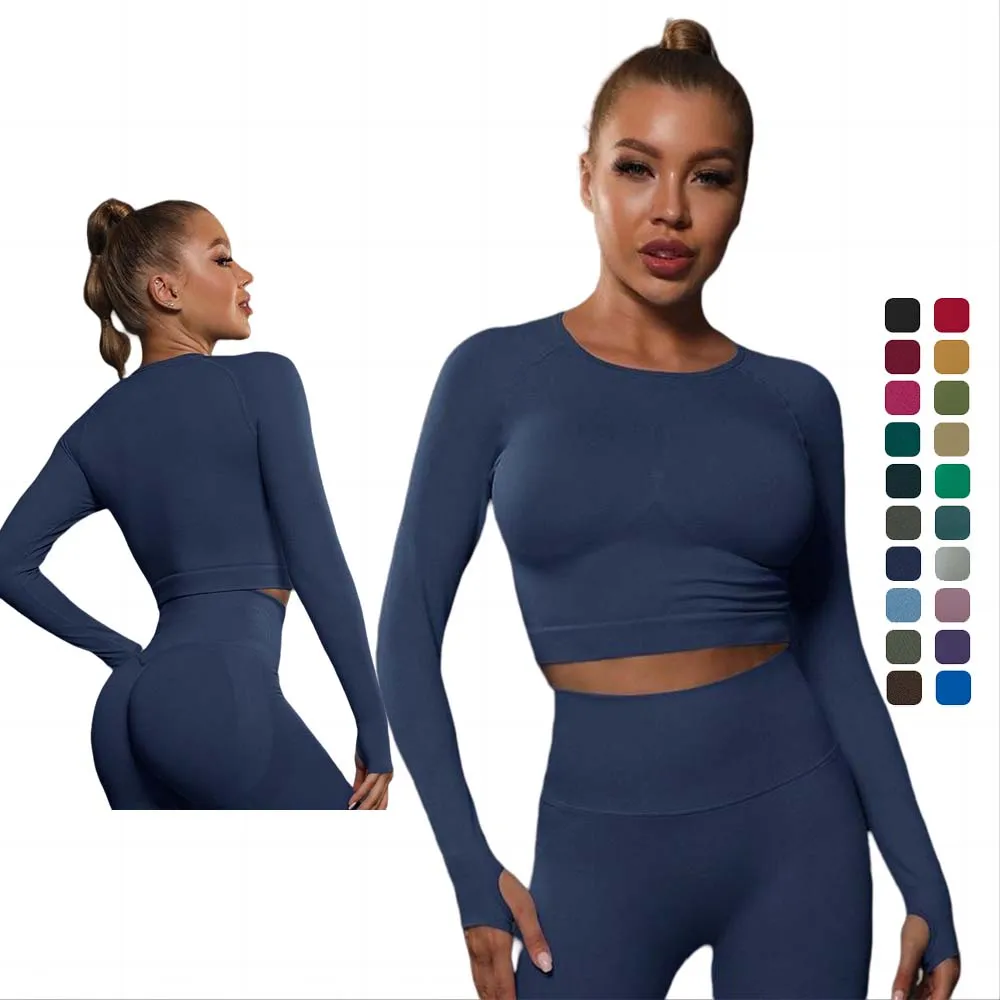 Lulu High quality seamless knit tight T-shirt top fitness sports yoga wear moisture absorption body shaping long sleeve women