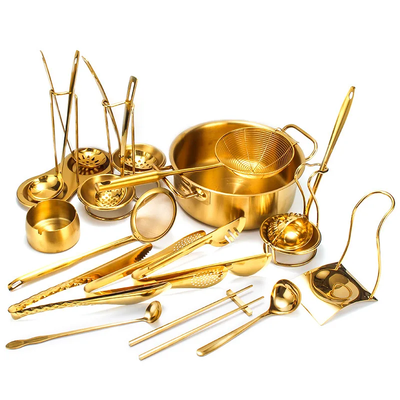 Gold Stainless Steel Cutlery Set Dinnerware Set Spoons Set With Spoon Holder Tongs Bowls