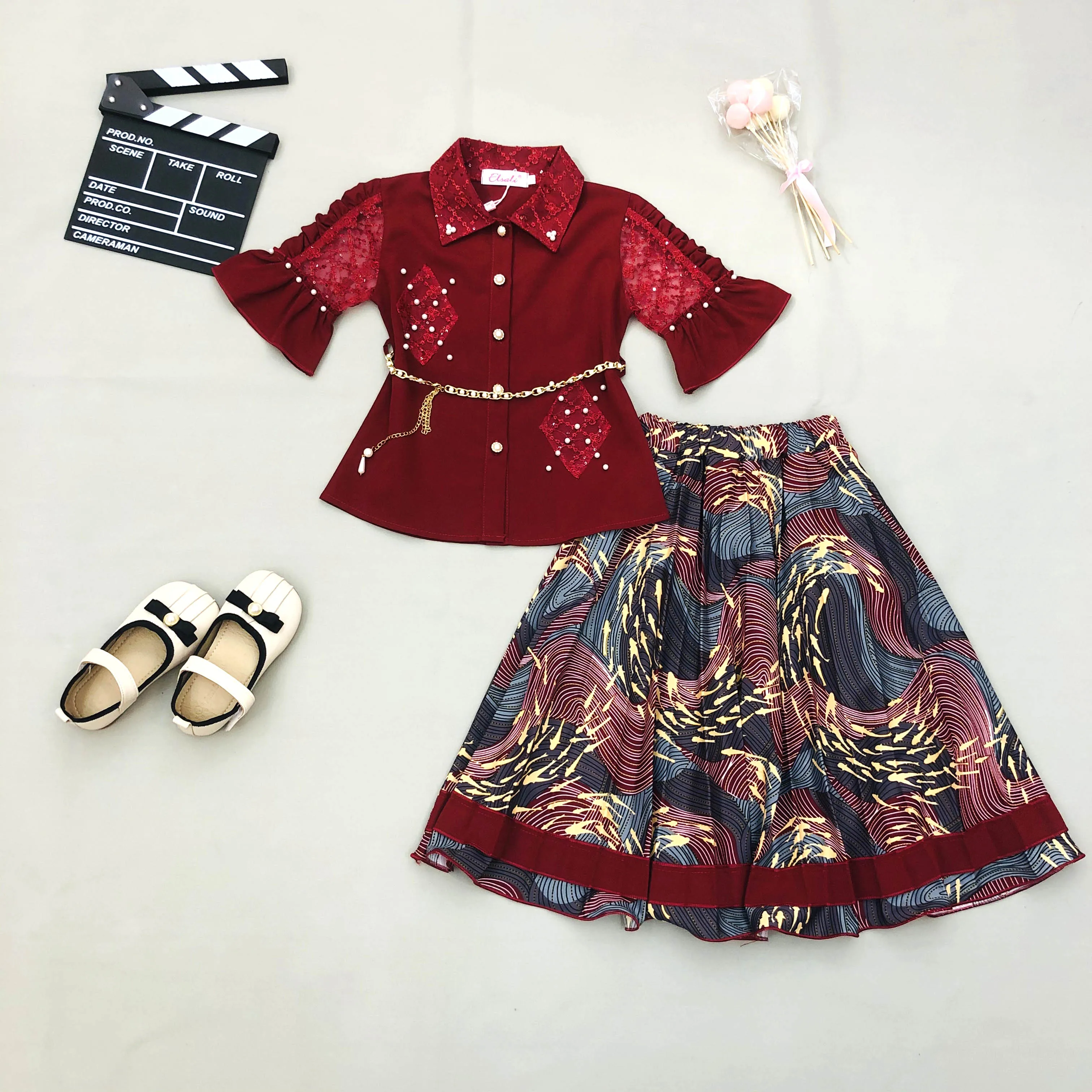 2023 Elsali Eid al-Fitr Summer Baby Clothes Girls Exclusive 8-10 Short Bell Sleeve Summer Hollow Out Flower Wave Point Skirt Set