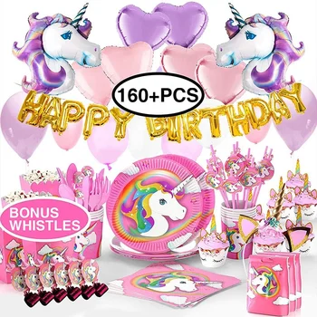 Nicro New Arrivals 160+ PCS Kid Baby Girl Happy Birthday Decorations Favors Set Unicorn Party Supplies