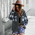 Ladies Jacket Fashion Buttons Up Polar Fleece Block Plaid Fall Ladies Jacket