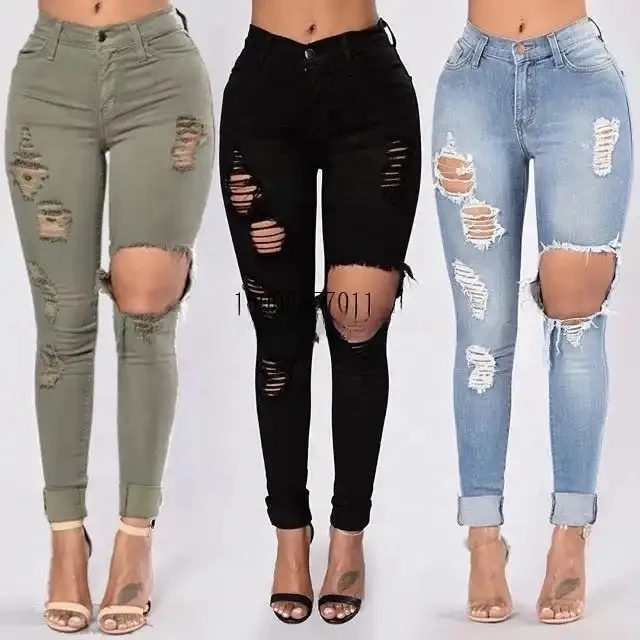 OFLUCK Women Ripped High Waisted Jeans Frayed Raw Hem Regular Fit Boyfriend Distressed Denim Pants with Hole