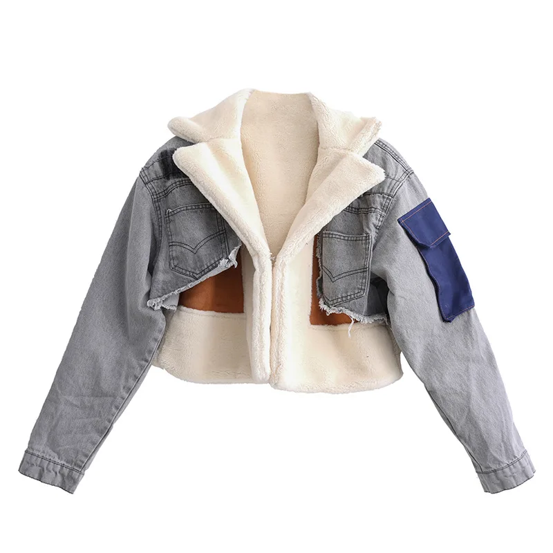 A8258 Winter Furry Thick Warm Coat Denim Patchwork Street Style Jacket Outfit Women Clothes Style Short Top