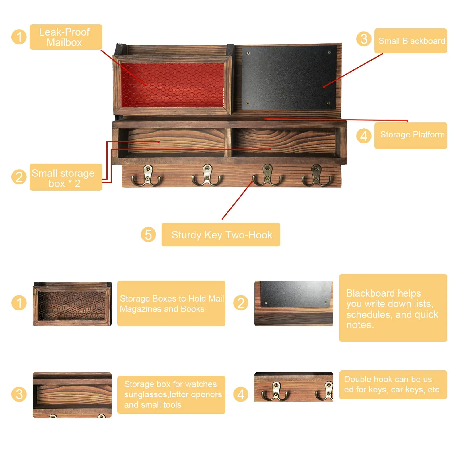 product custom rustic wood entryway shelf with key hooks mail organizer wall mounted home decor storage rack for coats keys-4