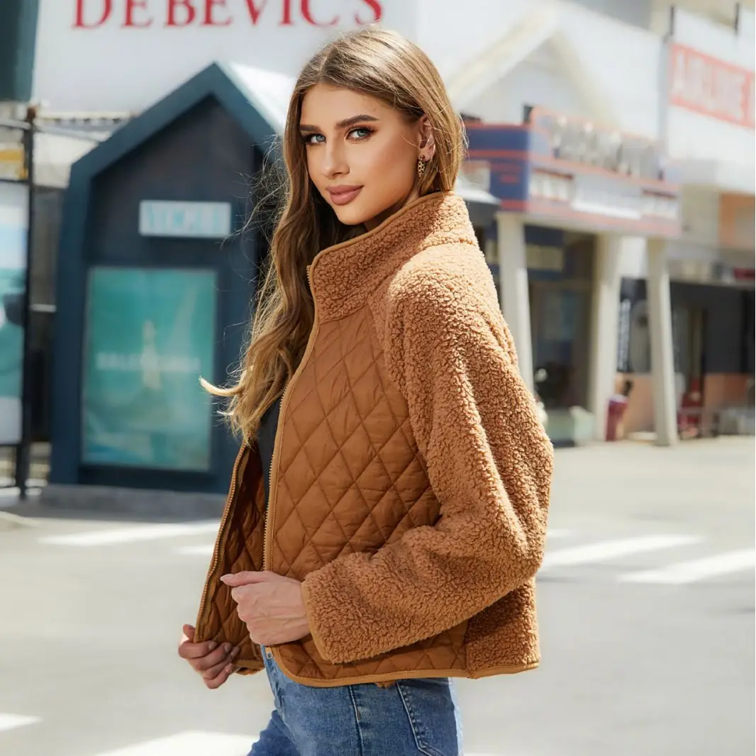 Fuzzy Fleece Jacket Wholesale 320gsm Women Clothes Plaid Pattern Coat Flap Pocket Thick Warm Full Zip Lapel Women's Coat