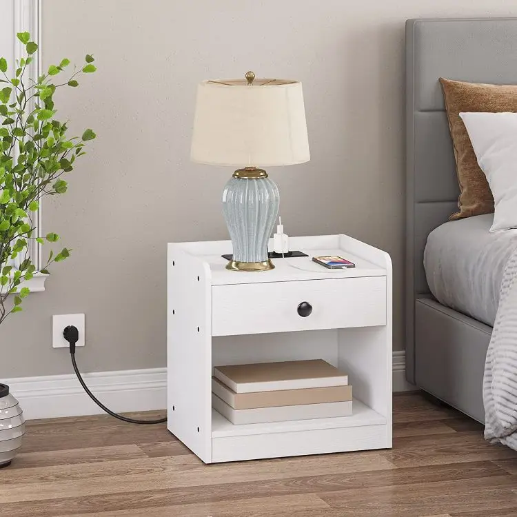 HOOBRO White Nightstand with Drawer Bedside Table with Charging Station USB Ports and Socket Side Table for Bedroom Living Room