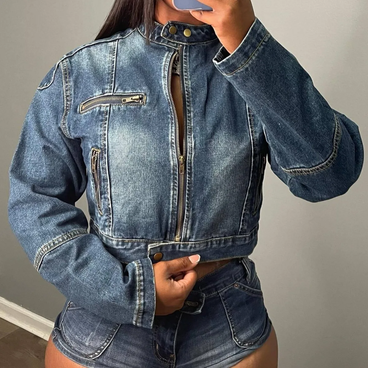W6883 2024 Spring Female Clothes Two Piece Shorts Set Jacket Matching Set Stretchy Women's Denim