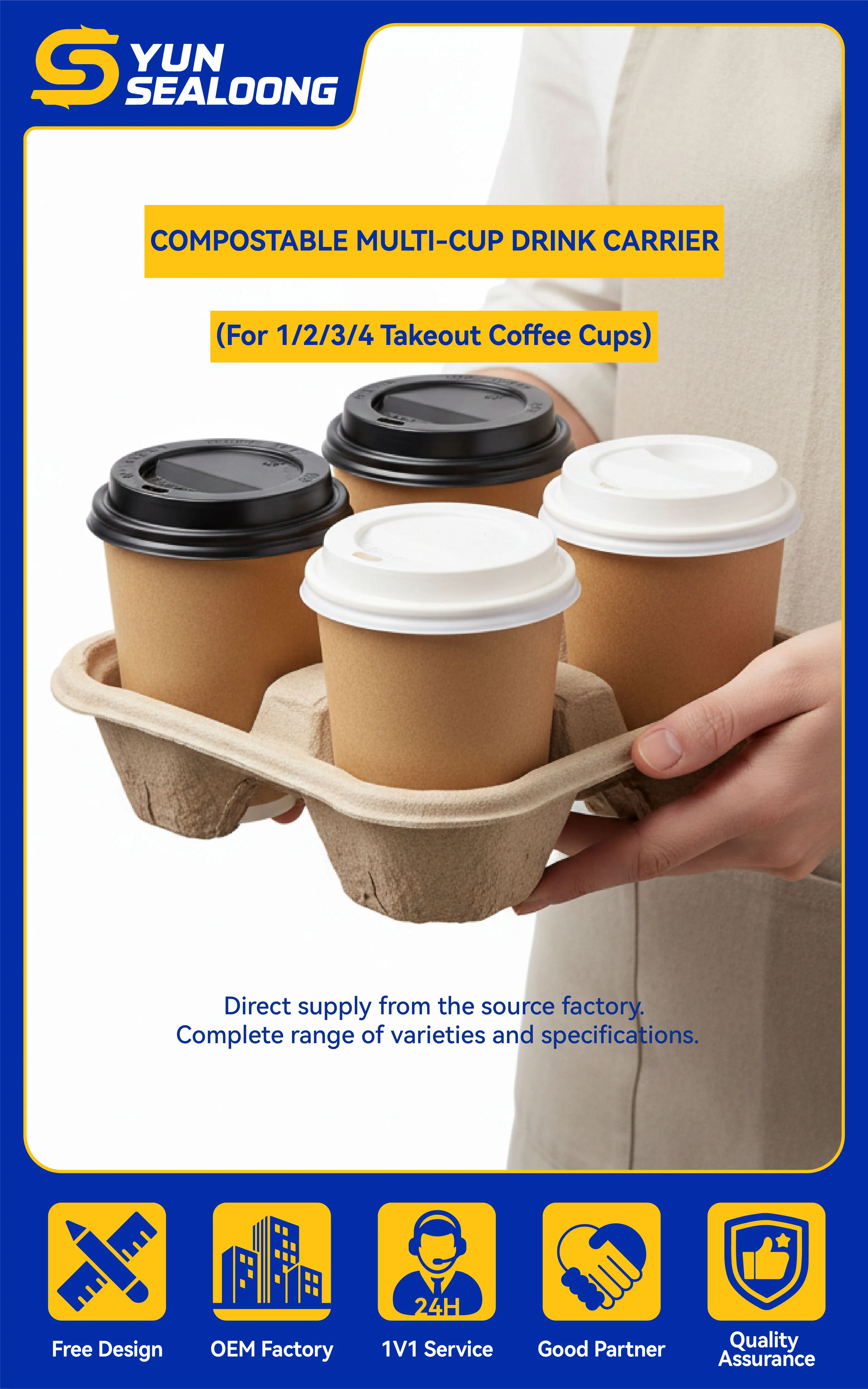Wholesale Eco-Friendly Bagasse Fiber Takeout Cup Carrier Biodegradable and Disposable for Hot Cold Drinks for Parties Coffee