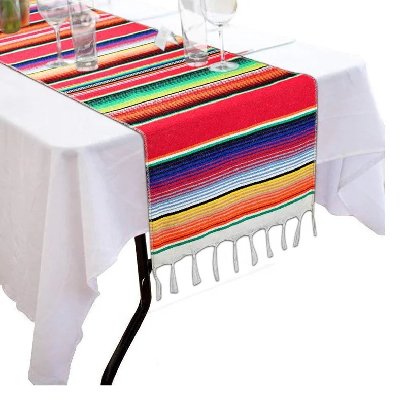 Eccbox 14 x 84 inch Mexican Serape Table Runner Mexican Party Wedding Decorations Fringe Cotton Striped Table Runner Fiesta Decorations Pack of 4