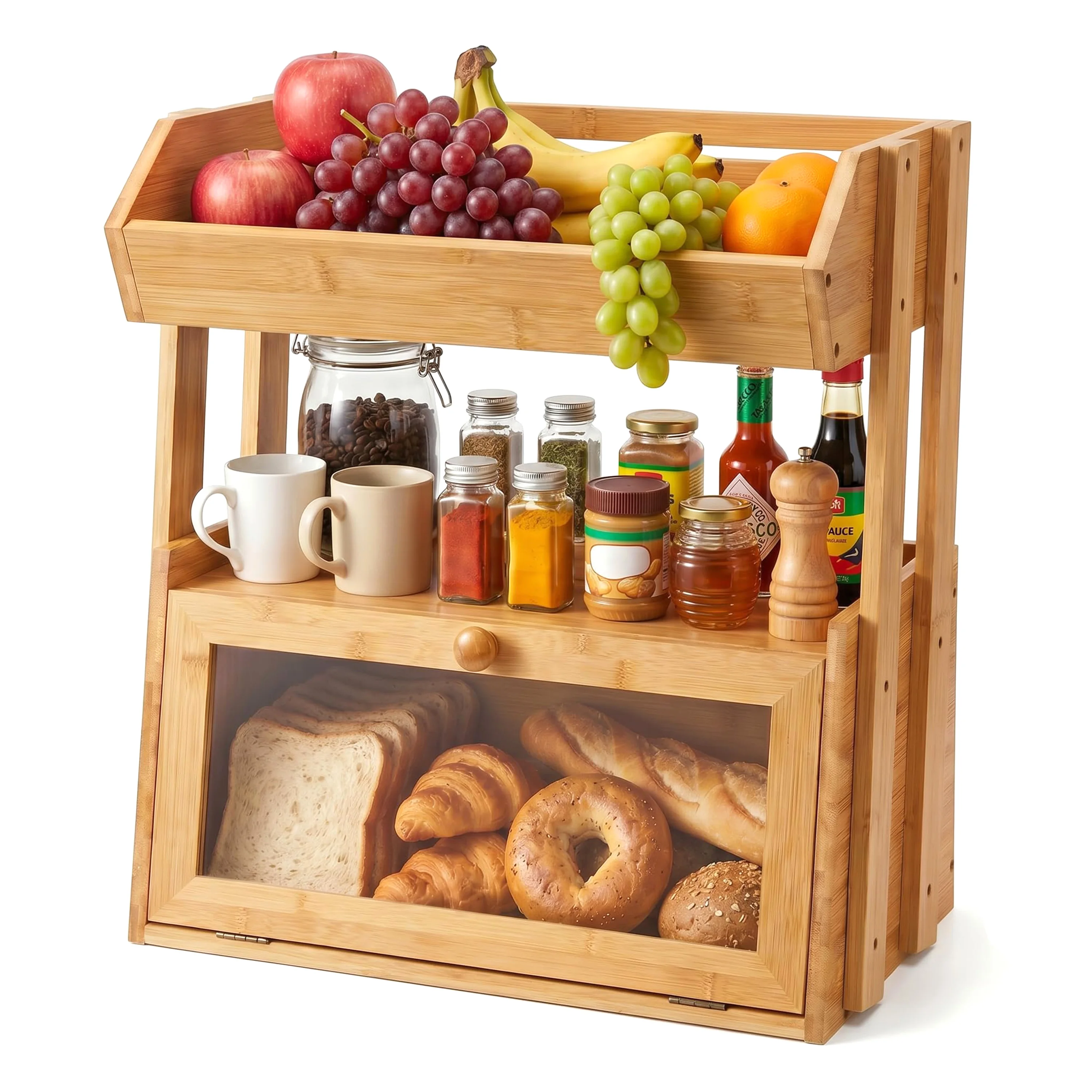 product multifunctional bamboo bread box with fruit basket 2 tier kitchen countertop organizer large capacity spice rack storage shelf-2