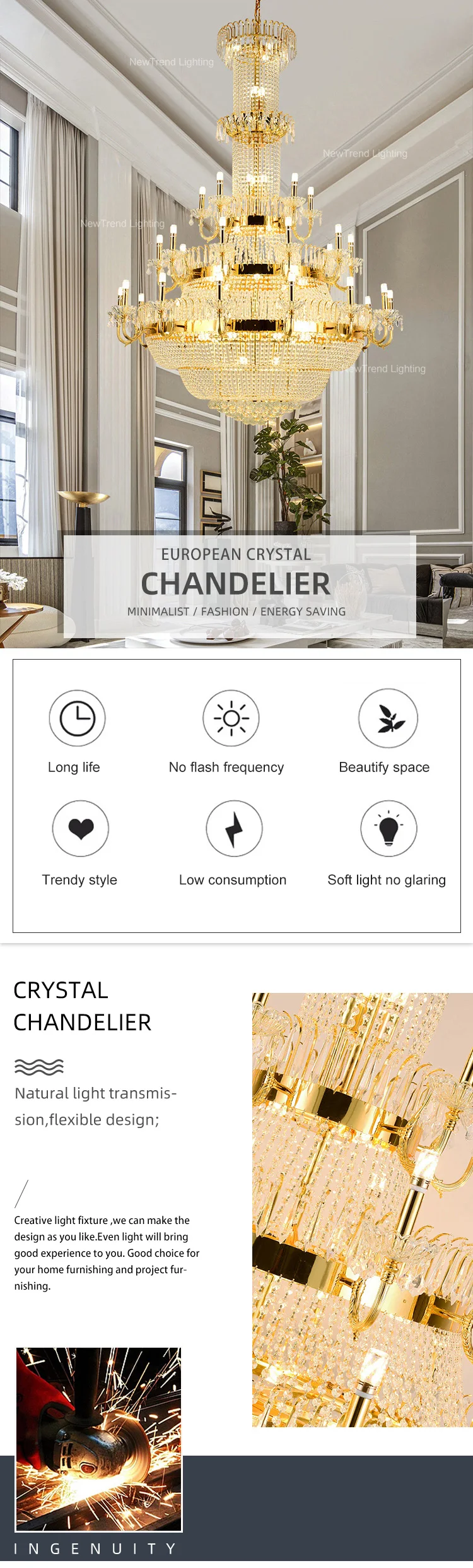 CPL-152 Luxury Style Residential Decoration Chandelier Hotel Villa Church Custom Crystal LED Pendant Lamp factory
