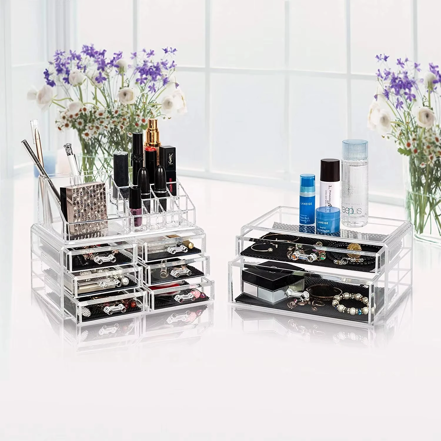 Dust-free Chain Necklace Acrylic Jewellery Cosmetics Lipstick Foundation Storage Organizer Box With Drawers